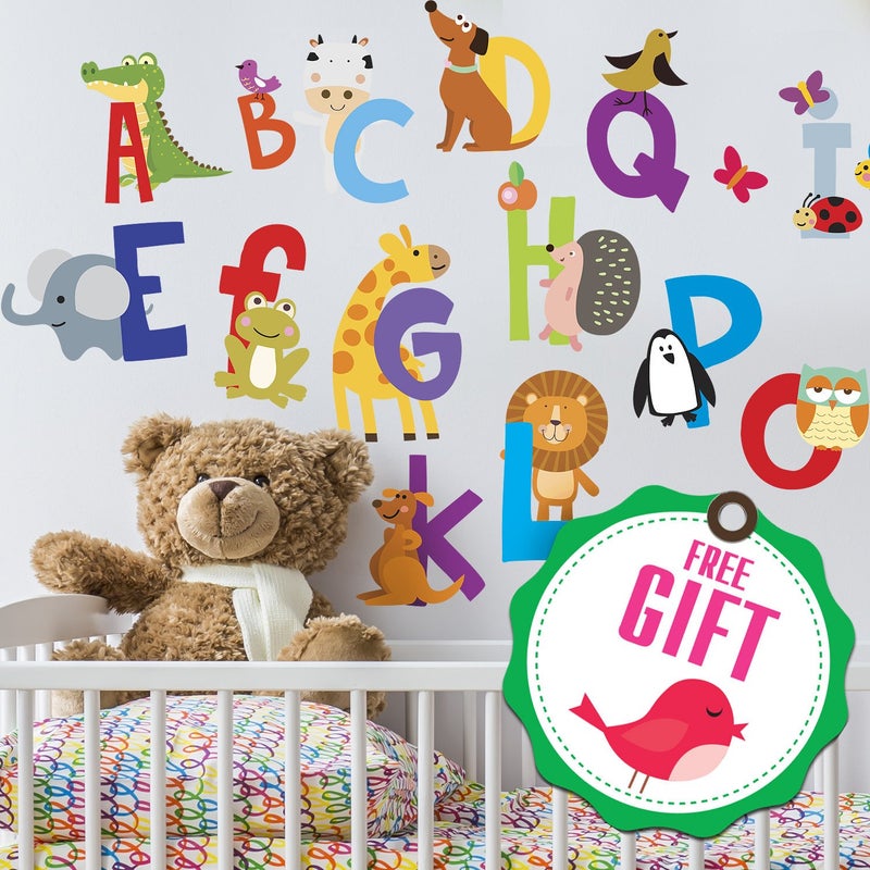 DesignStickers ABC Wall Decals - Alphabet Educational Animal Stickers - Classroom Decor - Playroom Decals for Wall - Animal Letters to Stick Kindergarden - Bedroom Stickers Kids ABC Lettering - [Gift Included]! - Image 1